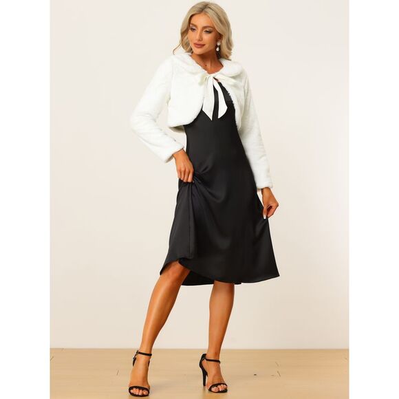 Faux Fur Bolero Shrug Crop Jacket Evening Bow Tie Front Fluffy Coat White - Picture 3 of 5